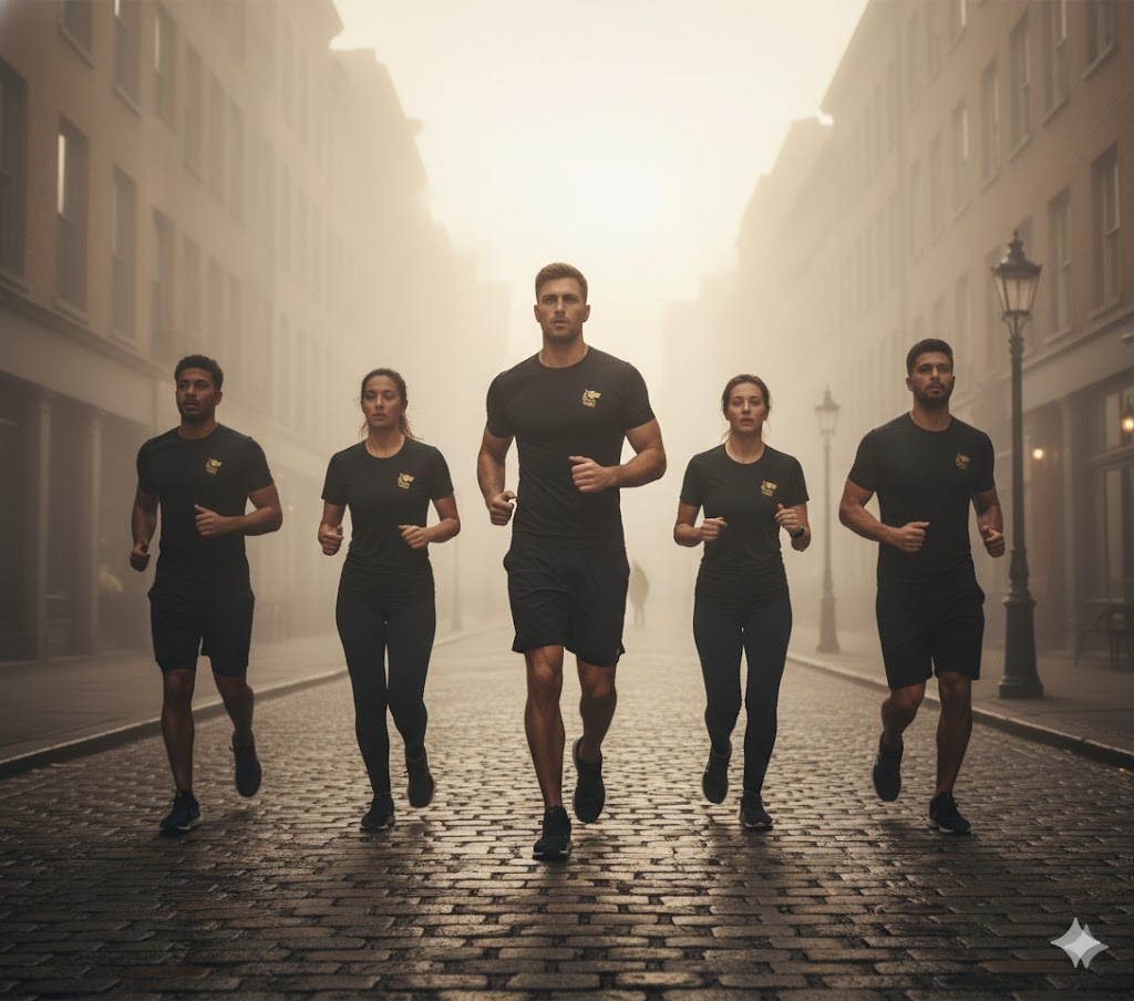 Boxers moving together at dawn through city mist.
