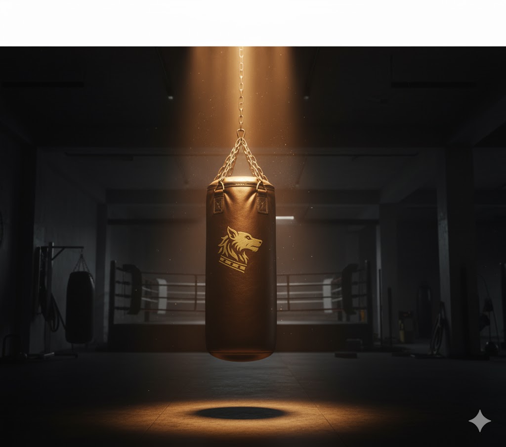 Lone punching bag under a gold spotlight in a dark gym.