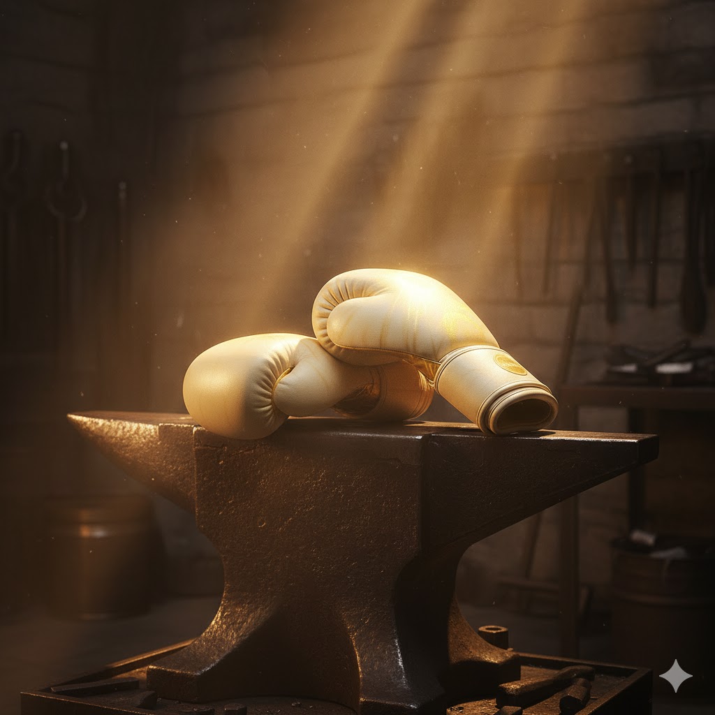 Glowing embers reflecting off black leather — metaphor for forging.