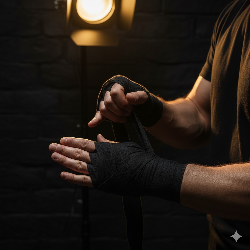 Hands wrapping black handwraps under warm gold light