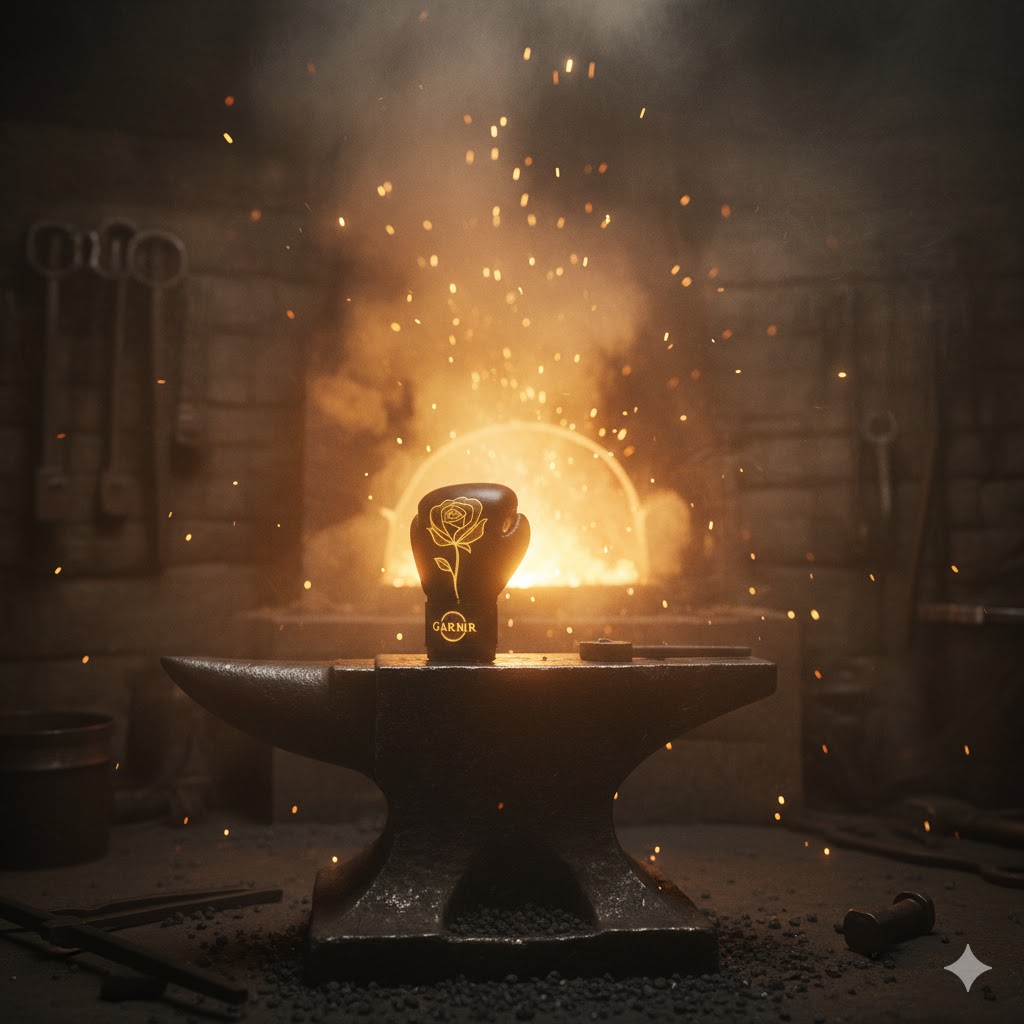 Blacksmith forge glow with a glove silhouette on an anvil