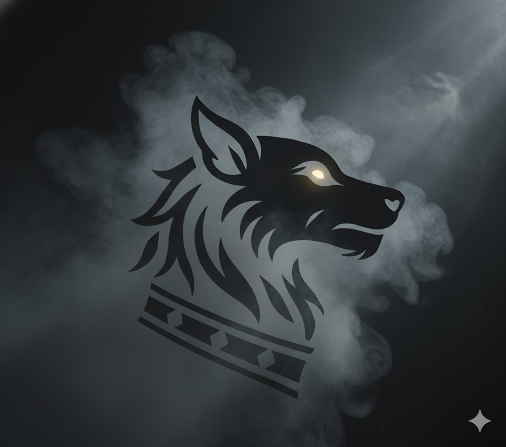 Abstract wolf silhouette emerging from fog with faint gold eyes